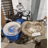 Blue glazed garden planter and saucer, 31cm high, a cast concrete garden birdbath, the base in the