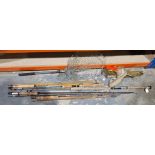 Collection of fishing equipment including an Olypmic C-802M fibre glass rod, a Dragon split cane