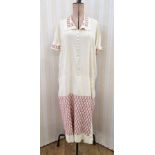1920's/30's silk dress, dropped waist with red embroidered detail, mother-of-pearl button detail