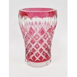 Val St Lambert cut glass vase of tapering form, cased in ruby red over clear, heavily cut with
