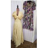 1950's yellow damask evening gown, strapless with a slightly boned bodice, bolero jacket with