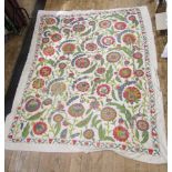 Suzani - large embroidered suzani, silk on linen, large Ottoman design of flowers with foliate