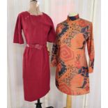 Various early 1970's dresses, to include a mini dress, viscose, in orange with bold design of stars,