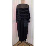 A 1920's style black chiffon and devore velvet dress, with draw-string waist, scooped neck and three