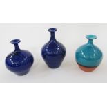 Three studio pottery vases by Russell Akerman, comprising an earthenware turquoise crackle glazed