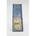 Anne Jones for Troika Pottery, a coffin vase of square tapered form, with low relief and incised