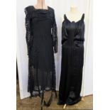 1930's - a black lace and crepe dress, lace panels, ruched bodice, full length sleeves, damage to