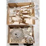 Pair of gilt metal and glass two branch wall light fittings, a glass drop light fitting, and a glass