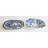 Bow porcelain blue and white leaf-moulded dish, circa 1765, moulded with fruiting vine, painted with