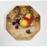Royal Worcester octagonal fruit painted saucer by Freeman, mid-20th century, printed puce factory