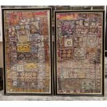 Two Indian patchwork textile panels of various colours with intricate metallic embroidery,