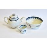 Three items of Worcester porcelain, circa 1758-70-, blue crescent mark to the teapot, workman's mark
