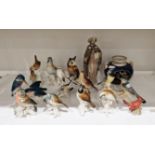 Group of Karl Ens porcelain models of birds perched on branches and others similar, printed