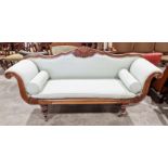 19th-century mahogany double scroll-end sofa, with foliate scroll carved top rail and pattern pale