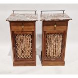 Pair of 19th century mahogany side cabinets, the marble tops with rear brass gallery rails, each