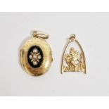 9ct gold St Christopher pendant, 2.3g approx. and a gold, onyx and pearl oval locket, 6.2g total
