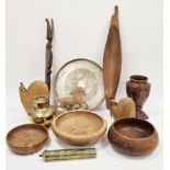 Mixed lot of wooden and metal items, including brass coffee grinder, Indian brass holy water pot,
