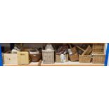 Collection of approximately 9 wicker baskets, hampers and boxes, together with a small wooden stool,