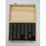 Collection of French and other European coins housed in a wooden box engraved "H F Coin Collection",