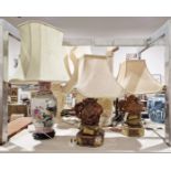 Pair of Oriental-style table lamps and shades, the bases in the form of elephants and the shades