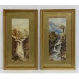 A pair of 19th century watercolour paintings depicting waterfalls in country landscapes by Lucy