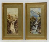 A pair of 19th century watercolour paintings depicting waterfalls in country landscapes by Lucy