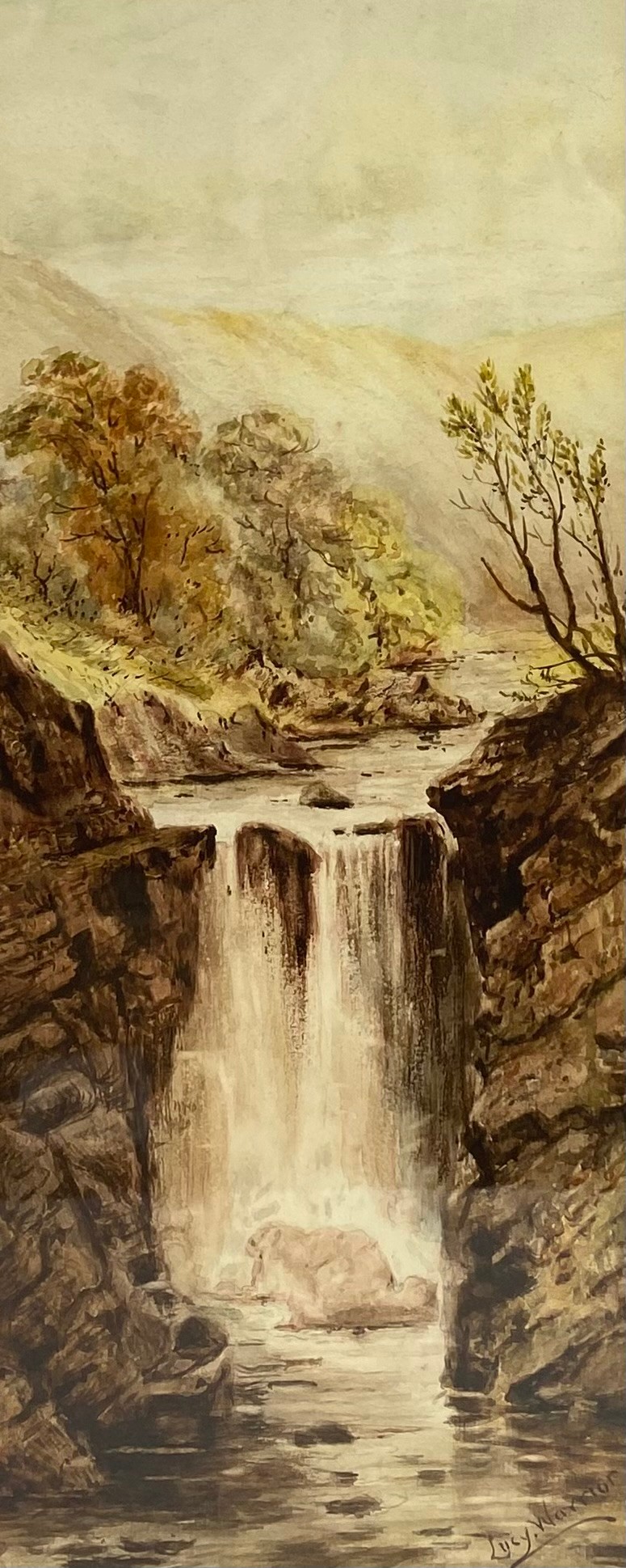 A pair of 19th century watercolour paintings depicting waterfalls in country landscapes by Lucy - Image 2 of 6