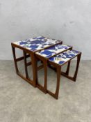 A mid-century nest of three table with Modernist style ceramic tile mosaic tops. H.50 W.53 D.43cm