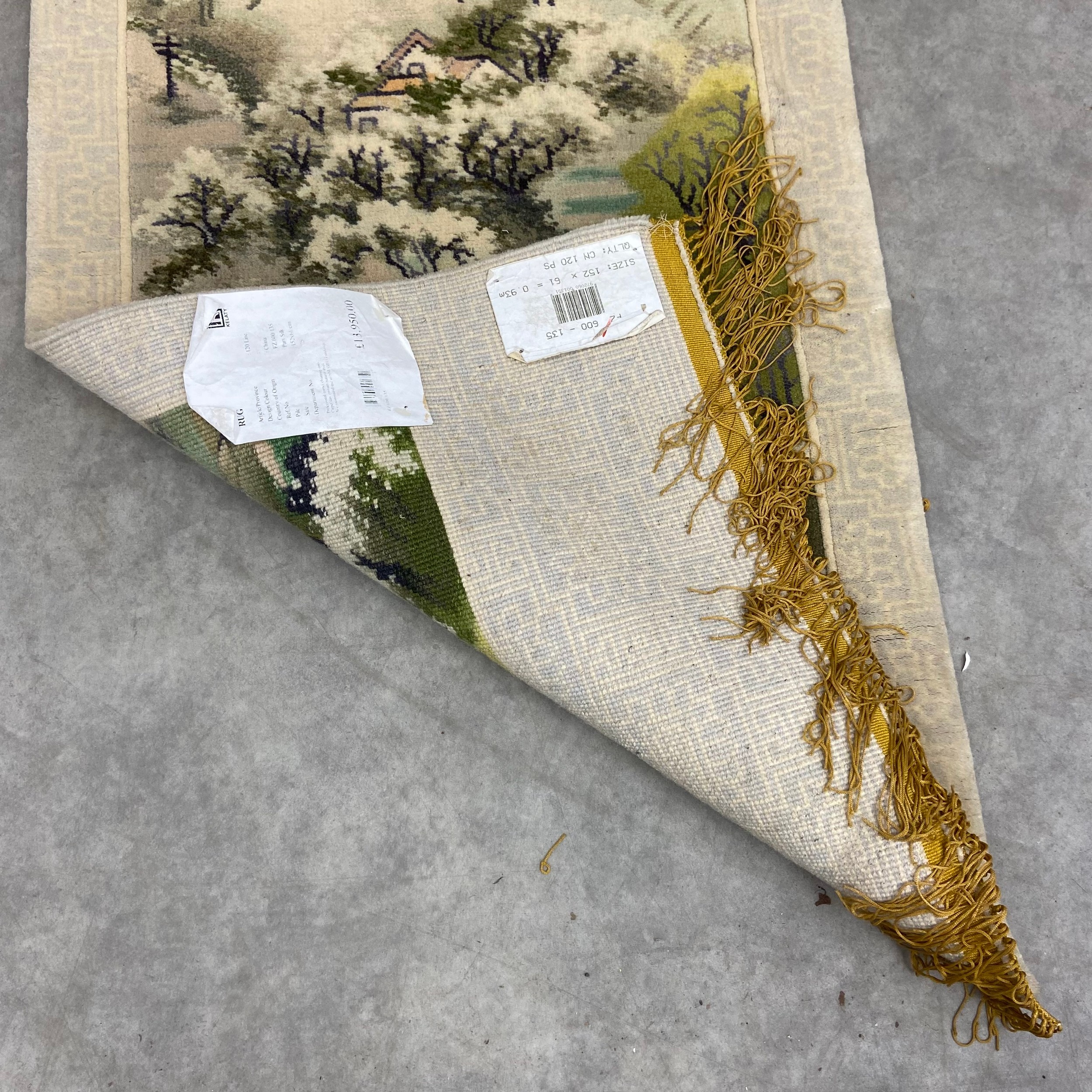 A pair of vintage Chinese part silk wall hanging rugs each with central vignette depicting a - Image 7 of 8