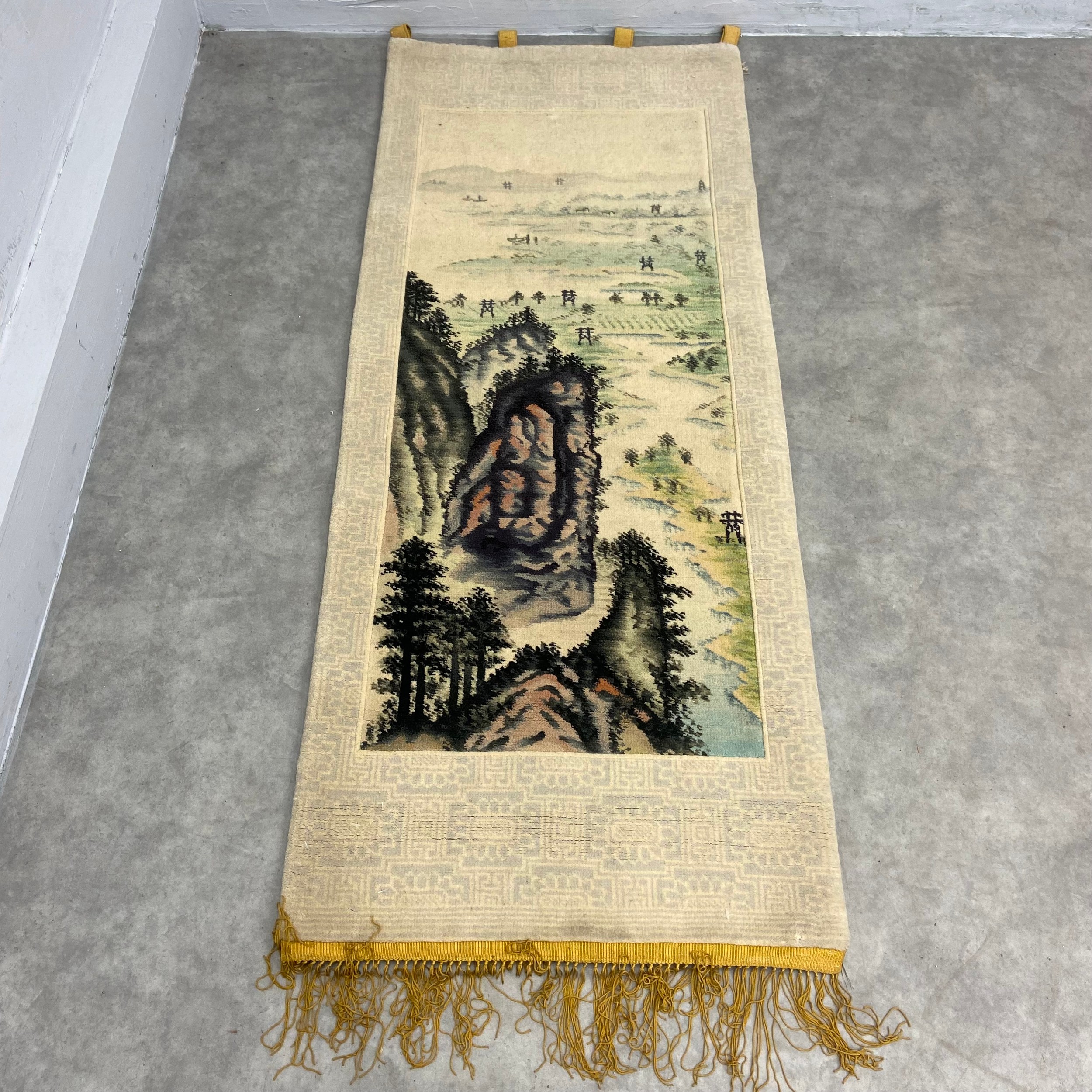 A pair of vintage Chinese part silk wall hanging rugs each with central vignette depicting a - Image 2 of 8