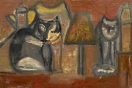 A mid century Modernist style oil on board, still life with cats, signed bottom left. Unframed. H.51