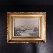 A 19th century oil on board depicting sailing boats on a lake with mountains in the distance in a