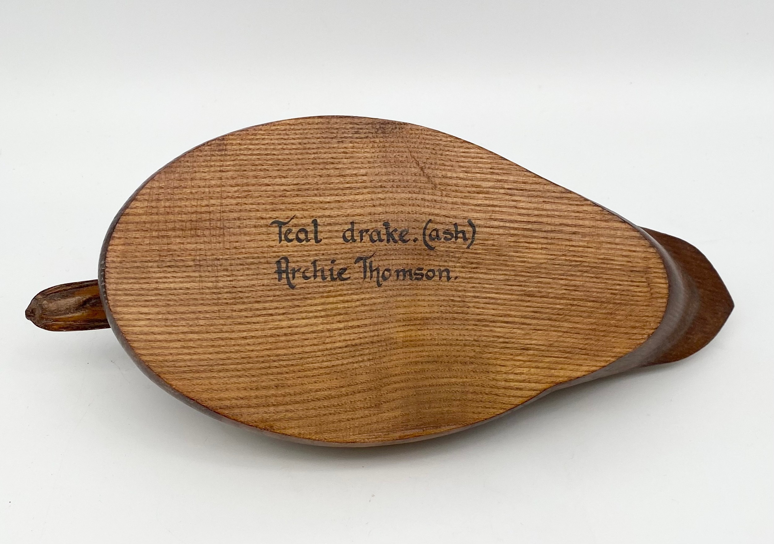 A vintage carved ash decoy duck titled 'Teal Drake' by Archie Thomson together with another - Image 4 of 4