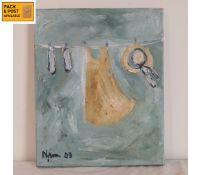 A small unframed acrylic on canvas, socks dress and hat on washing line, indistinctly signed.