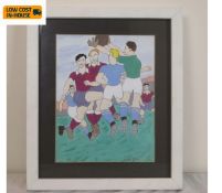A framed and glazed watercolour, mid century style footballers, indistinctly signed. 29x34cm.