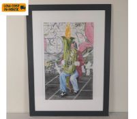 Graham Lewis Heron, mixed media study, Busking on the Southbank, monogrammed with label to the