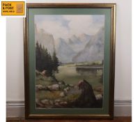 A large framed and glazed print, a mountain valley. 102x79cm.