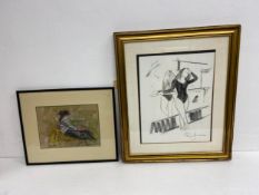 A mid 20th century Post-Impressionist style ink and pastel portrait of a reclining lady titled '