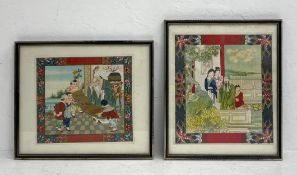 Two 20th century Chinese woodcut prints depicting figural court scenes. Both framed and glazed. H.32