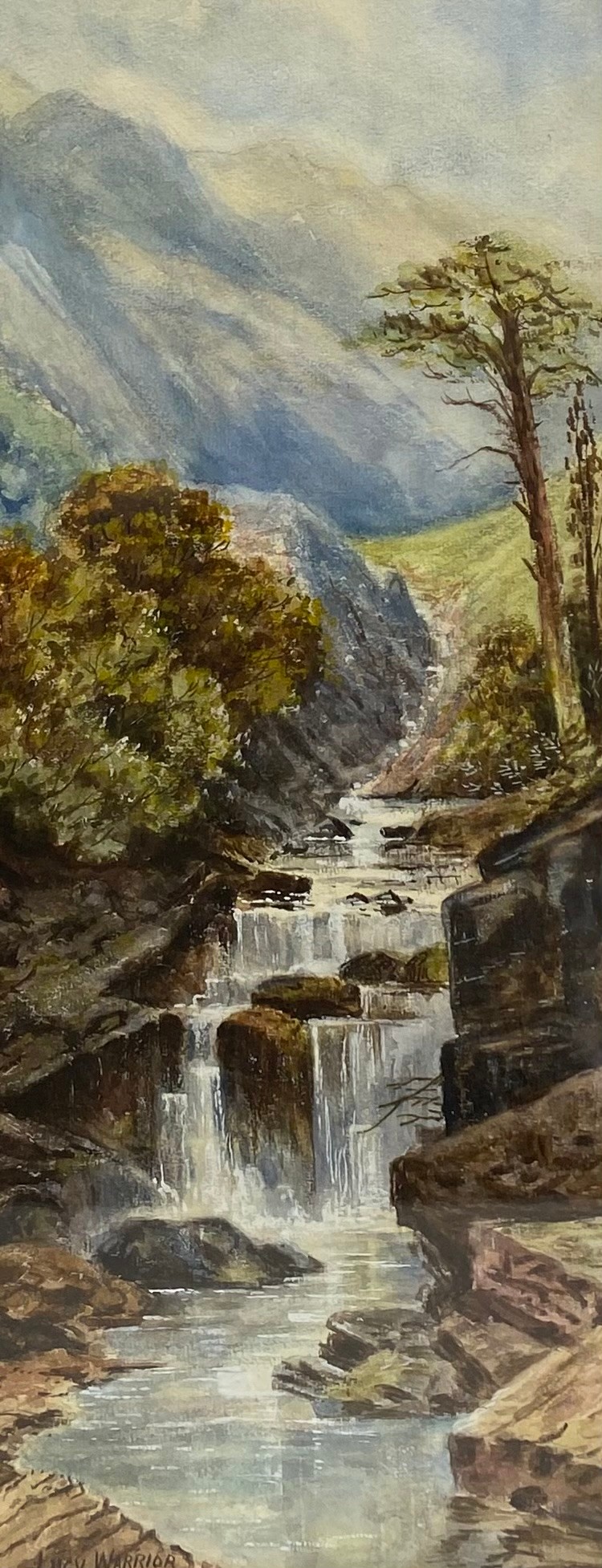 A pair of 19th century watercolour paintings depicting waterfalls in country landscapes by Lucy - Image 3 of 6