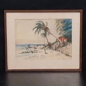 A 20th century watercolour depicting figures and palm trees on a tropical beach. Framed and