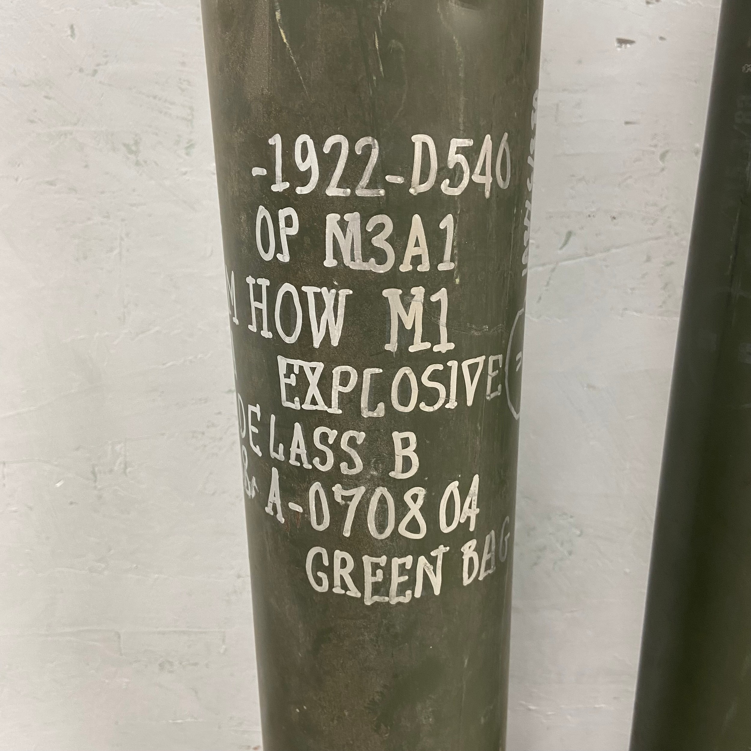 Of military interest; three painted green metal US artillery 155mm shell containers from an M777 - Image 2 of 5