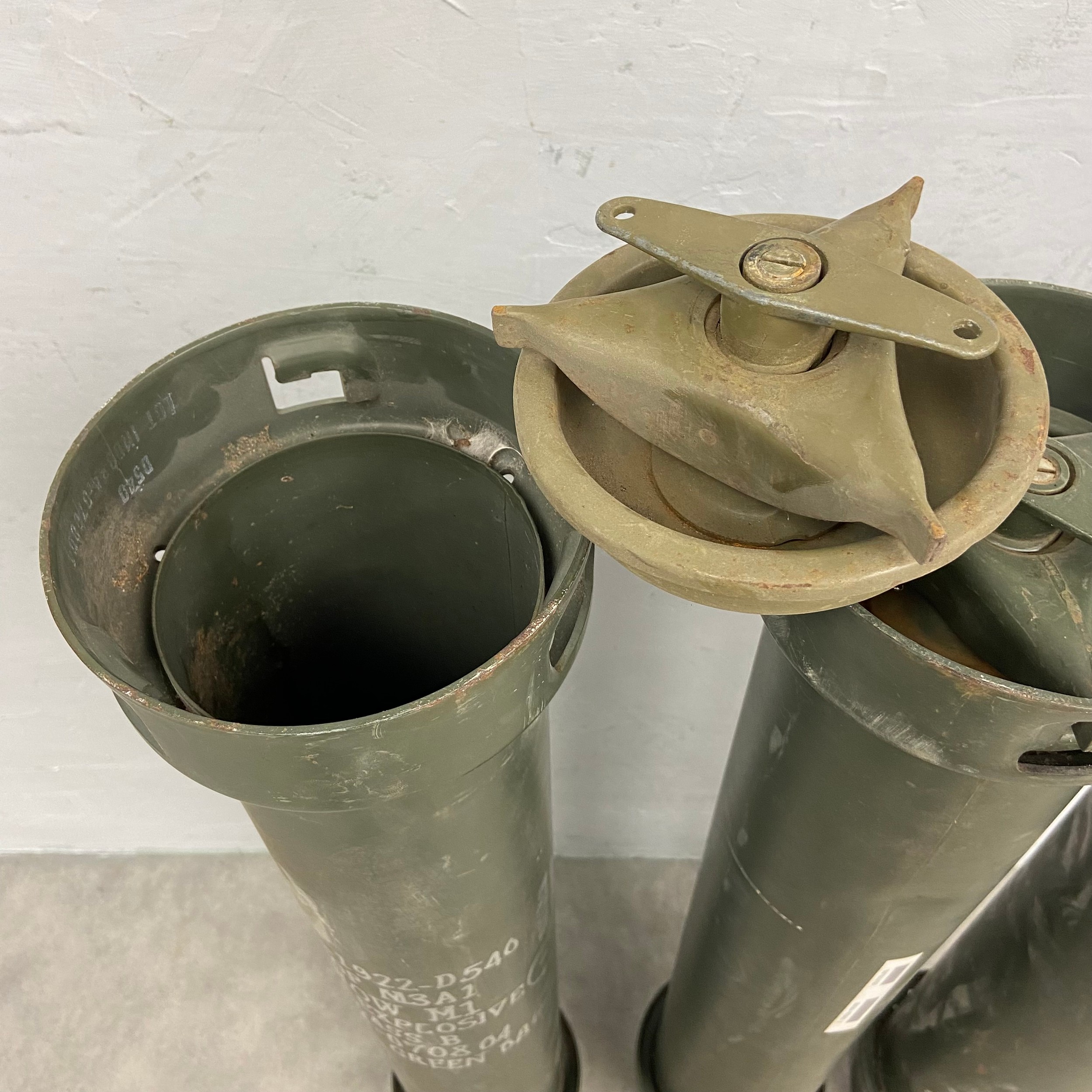 Of military interest; three painted green metal US artillery 155mm shell containers from an M777 - Image 4 of 5