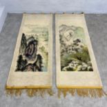 A pair of vintage Chinese part silk wall hanging rugs each with central vignette depicting a