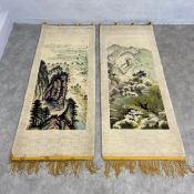 A pair of vintage Chinese part silk wall hanging rugs each with central vignette depicting a