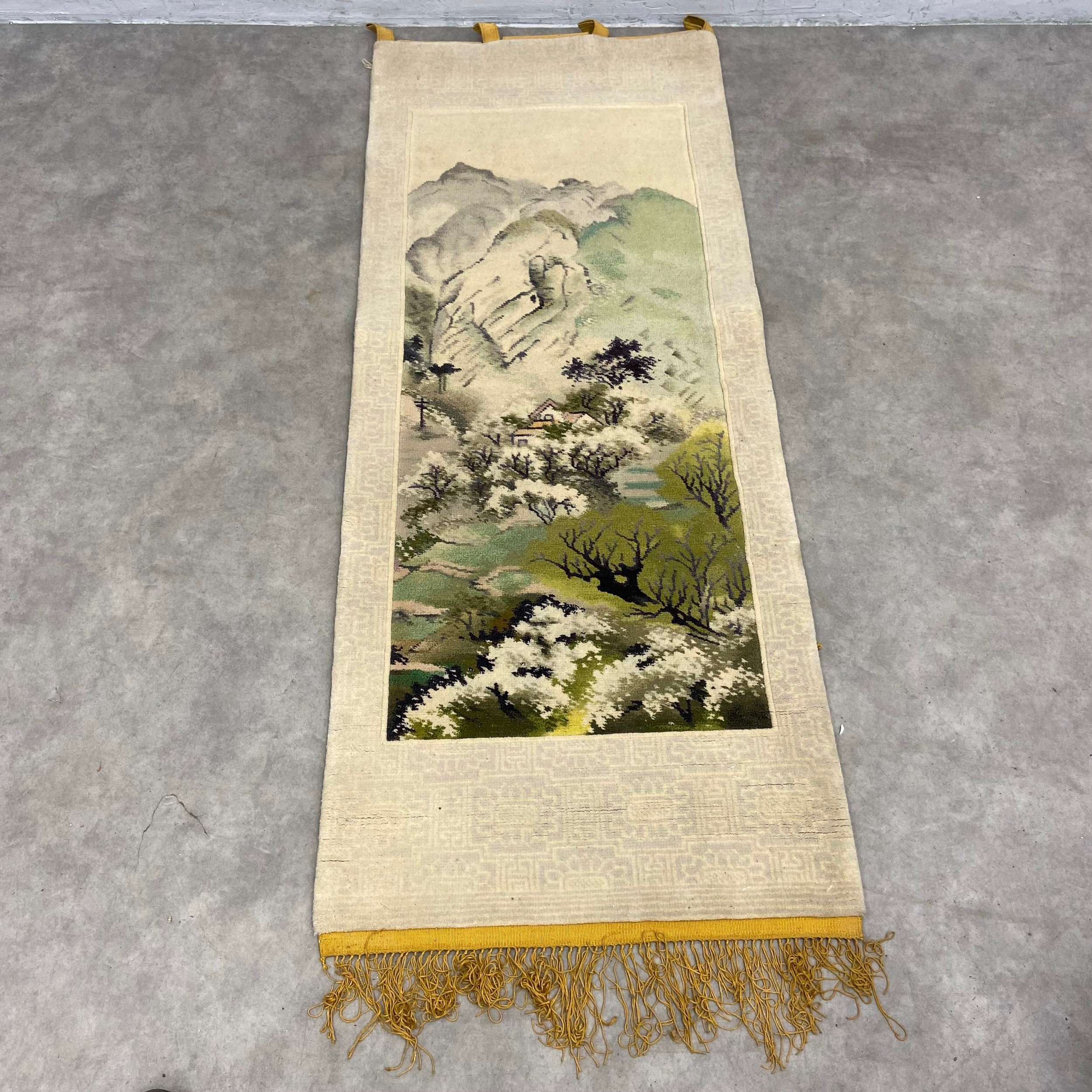 A pair of vintage Chinese part silk wall hanging rugs each with central vignette depicting a - Image 5 of 8
