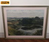 A large framed and glazed print, river in a landscape. 109x88cm.