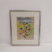 A continental school pencil and crayon town study on paper, monogrammed and inscribed to the