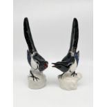 A pair of vintage Russian USSR Lomonosov porcelain magpies with maker's marks. H.26cm each