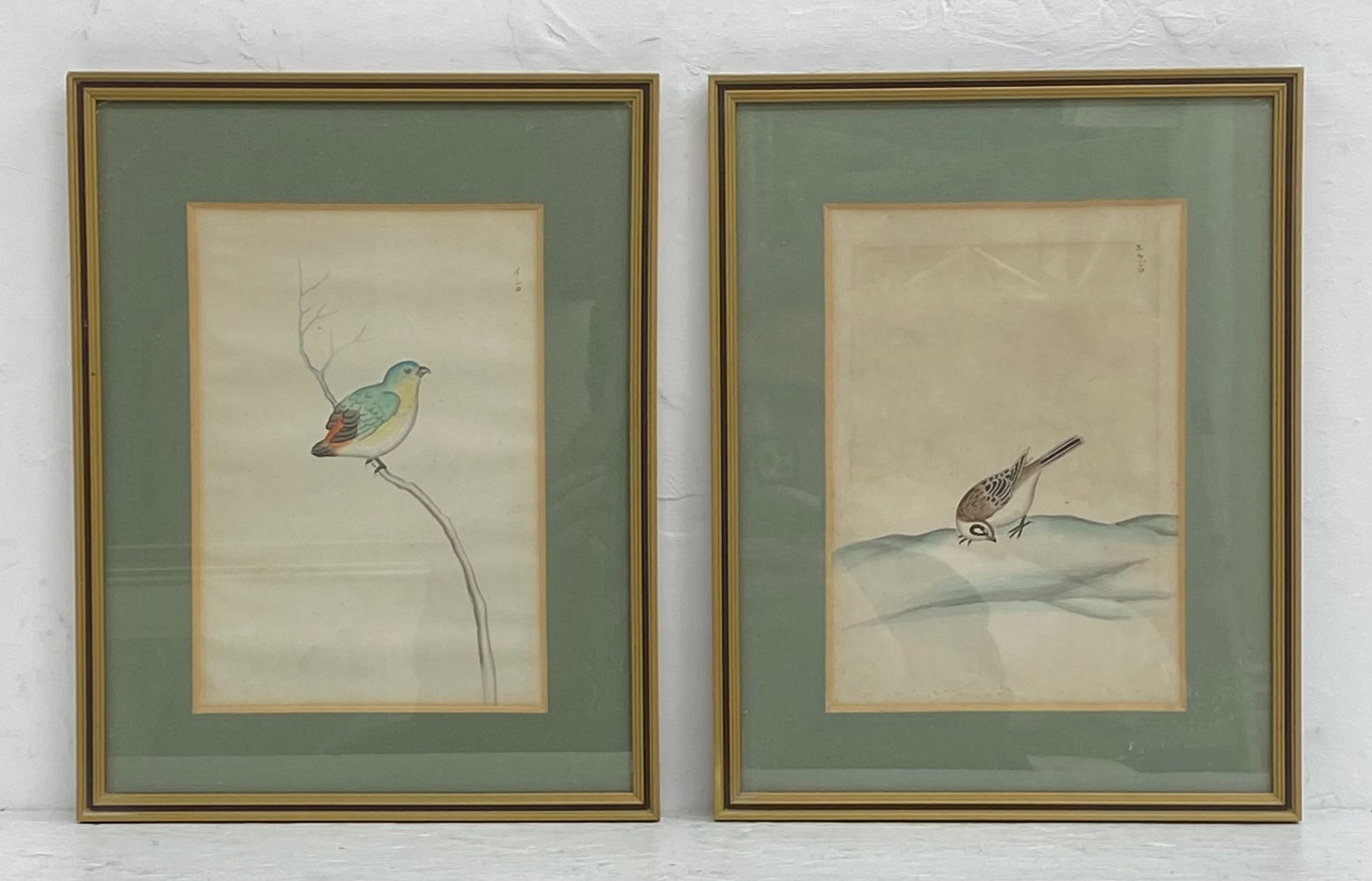 A pair of 19th century Japanese watercolours titled 'Inko' (parrot) and 'Hojiro' (white-eye bird).